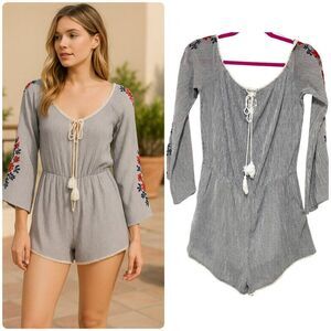 Boho Striped Floral Embroidered Long Sleeve Romper Festival, Beach, Brunch Chic